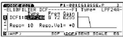 VOICE EDIT P1-001[GLASSE,P] -ELIBFILTER DCF------F1 Type= LPF24A- Type Freq Gain DCF1:OLPF24P 8 72 8255 Reso= 10 Reso.Vel= +0 SOP UOCESENS SCALE EG