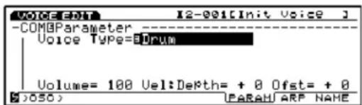 -COM&Parameter Voice Type=3Drum Volume= 100 Vel:Depth= + 0 Ofst= + 0 (050) (PARAM ARP NAME)