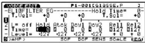 VOICE:REF P1-001CGLASSE,P J -ELIBFILTER EG---- T. Uel= +0 +0 +0 T. Sol= +0 L = off Hold Atck Doy1 Doy2 Rel1 Rel2 Time= 0 0 0 0 0 0 127 127 Level= -127 -127 -127 +0 +0 SOF DOF SENS SCALE UEGI