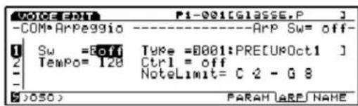 VOICE: 001 P1-001[GLASSE,P] -COM:ArPe9910 -ArP Sw= off- Sw =Off Type =0001:PRE[UPOct1] Tempo=128 Ctrl = off NoteLimit= C - G 8 ( )050 ) PARAM ARE NAME