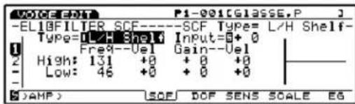 VOICE:OUT P1-001[GLASSE,P] -EL1BFILTER SCF----SCF Type= L/H Shelf- Type=DLZ+Shel Input=5+0 Freq--Vel Gain--Vel High: 131 +0 +0 +0 Low: 46 +0 +0 +0 (2)AMP SOF DOF SENS SCALE EG
