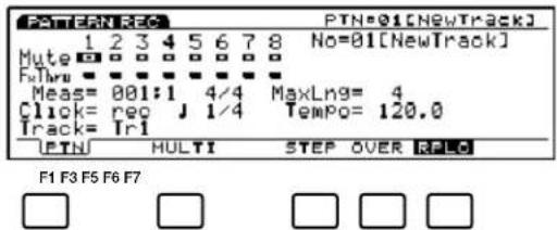 PATTERN RECORD PTN=01[NewTrack] 1 2 3 4 5 6 7 8 No=01[NewTrack] Mute □ □ □ □ □ □ F1Thru □ □ □ □ □ □ Meas= 001:1 4/4 MaxLng= 4 Click= req J 1/4 Tempo= 120.0 Track= Tr1 UPTH MULTI STEP OVER RPEG F1 F3 F5 F6 F7