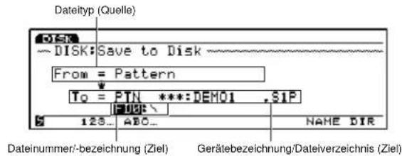 Dateityp (Quelle) DISK ~ DISK: Save to Disk From = Pattern To = PTN ***: DEM01 ,S1P POST :\ 128... ABO... NAME DIR Dateinummer/-bezeichnung (Ziel) Gerätebezeichnung/Dateiverzeichnis (Ziel)