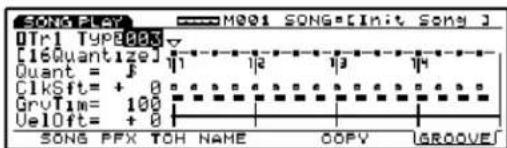 SONG PLAY M001 SONG[Init Song] QTr1 Type:823 [16Quantize] Quant = 11 12 13 14 ClkSft= + 0 ... ... ... GruTIm= 100 Vel0ft= + 0 | SONG PFX TOH NAME COPY GROOVEJ
