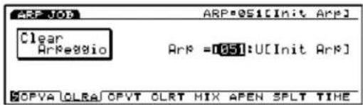ARP=051[Init ArP] Clear ArReggio ArP =1051:U[Init ArP] POPVA 0LRA OPVT OLRT MIX APEN SPLIT TIME