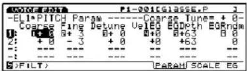 VOICE:001 P1-001CGLASSE.P J -ELI-PITCH Param ----Coarse Tune=+0- Coarse Fine Detune VeLED EQDpth EGRndm 1: +0 8+3 0+0 0+0 0+63 0 2: +0 -3 +0 +0 +63 0 --- --- --- --- --- #FILT (PARAMSCALE EG)