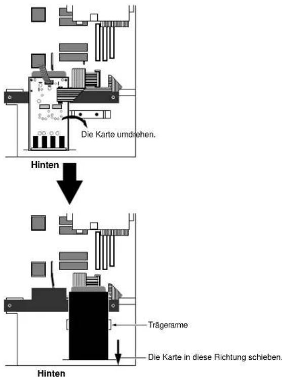 Die Karte umdrehen. Hinten Trägerarme Die Karte in diese Richtung schieben. Hinten