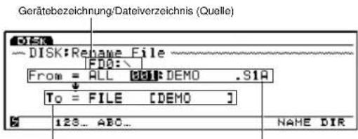 Gerätebezeichnung/Dateiverzeichnis (Quelle) DISK:Rename File FDO:\ From = ALL [S1A]: DEMO .S1A To = FILE [DEMO ] 128... ABC... NAME DIR