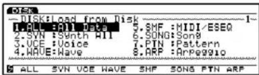 DISK:Load from Disk 1. ALL :All data 5.SMF :MIDI/ESEQ 2.SYN :Synth All 6.SONG:Song 3.VCE :Voice 7.PTN :Pattern 4.HAVE:Wave 8.ARP :ArPeggio ALL SYN VCE WAVE SHF SONG PTN ARP