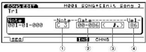 SONG-401 M001 SONG-[Init Song] Tr1 Note 001-01-000 C 3 00-086 ( F ) 86 SEQ INS CHNG ① ② ③ ④