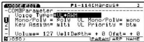 VOICE P1-114[Marcus*] -COMParameter Voice Type=3UL+4AH Mono/Poly = Poly UL Mono/Poly= mono Key Assign= mlti UL Priority = btm Volume= 127 Vel:Depth= + 0 Ofst= + 0 (>|050\r|) (PARAM/ARP NAME)