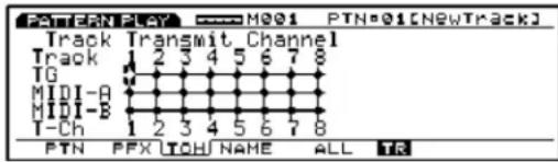 MTN-01 MTN=01[NEWTRACK] Track Transmit Channel Track 1 2 3 4 5 6 7 8 TG MIDI-A MIDI-B T-Ch 1 2 3 4 5 6 7 8 PTN PFX\TOH\NAME ALL TR