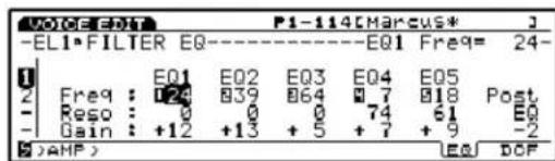 VOICE EDIT P1-114[Marcus*] -ELI*FILTER EQ----E01 Freq= 24- Freq : E01 E02 E03 E04 E05 Reso : 024 839 864 7 818 Post Gain : +9 0 0 74 61 E0 +12 +13 +5 +7 +9 -2 (2)AHP>