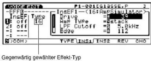 VOICE EDIT P1-001[Glasse,P] -EFF InsEF Type Drive 39 Amp Type stack LPF Cutoff 5.8kHz Edge 112 S >00H> TYPE INS1 INS2 REV OHO Gegenwärtig gewählter Effekt-Typ