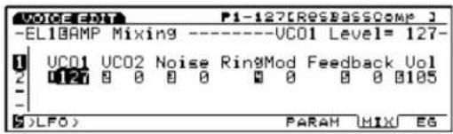 VOC1 -EL10AMP Mixing ----VCO1 Level= 127- UC01 UCO2 Noise RingMod Feedback Vol 0 127 0 0 0 0 0 0 0 0 0185 ( )LFO > PARAH MIX EG