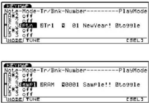 KEYTIME Note-Mode-Tr/Bnk-Number--------PlayMode A#2 off B 2 off C 38Btn BTtr1 01 NewYear! Toggle C#3 off D 3 off MODE TUNE [SEL] KEYTIME Note-Mode-Tr/Bnk-Number--------PlayMode A#2 off B 2 off C 38SMPI BRAM 00001 Sample!! Toggle C#3 off D 3 off MODE TUNE [SEL]