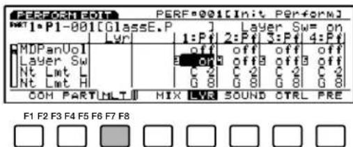 PERFORMEOT PERF-001[Init Perform] MPT1-P1-001[GlassE.P ] Layer Sw= on Lyr 1:Pt 2:Pt 3:Pt 4:Pt MDPanVol off off off off Laser Sw on off off off off Nt Lmt C 2 C 2 C 2 C 2 Nt Lmt G 8 G 8 G 8 G 8 COM PARTHLT MIX LVR SOUND CTRL PRE F1 F2 F3 F4 F5 F6 F7 F8