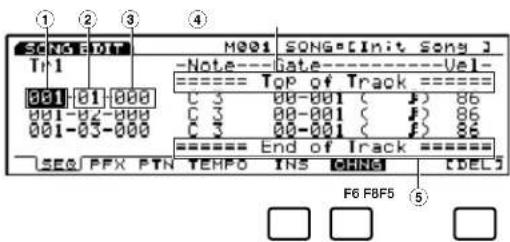 ① ② ③ ④ SCNO EDIT M001 SONG=Init Song J Tr1 -Note-Date-Val- 001-01-000 001-02-000 001-03-000 001-04-000 001-05-000 C 3 00-001 ( F ) 86 C 3 00-001 ( F ) 86 C 3 00-001 ( F ) 86 -------------- End of Track =------------------ SEQ PFX PTN TEMPO INS CHNG TDEL F6 F8F5 ⑤