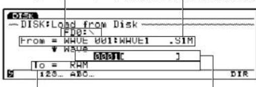 DISK:Load from Disk F00: From = WAVE 001:WAVE1 .SIM WAVE 0001[ ] To = PWM 125... ABC... DIR