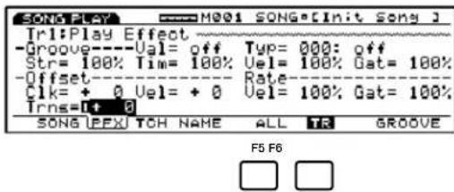 SONG PLAY M001 SONG: [Init Sony] Tr1:Play Effect -groove----Val= off Typ= 000: off Str= 100% Tim= 100% Uel= 100% Gat= 100% -Offset----- Rate C1k= + 0 Uel= + 0 Uel= 100% Gat= 100% Trns=1+ 8 SONG (PEX) TOH NAME ALL TR GROOVE F5 F6