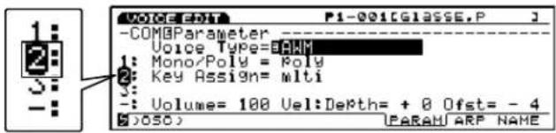VOICE P1-001CGLASSE,P -COMParameter Voice Type=34MM Mono/Poly = Poly Key Assign= mlti Volume= 100 Vel:Depth= + 0 Ofst=- 4 (050) PARAM ARP NAME