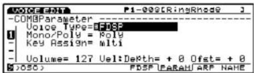 VOICE P1-002[RinsRhode] -COMBParameter Voice Type=0FDSF Mono/Poly = Poly Key Assign= mlti Volume= 127 Vel:DeKth= + 0 Ofst= + 0 ->OSO> FDSF\PARAMARF NAME