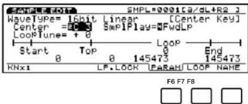SAMPLE FOOT SMPL-0001[a/dL+R2] WaveType= 16bit Linear [Center Key] Center =0.3 SmplPlay=FwdLP LoopTune= + 0 Start Top Loop End 0 0 145473 145473 KNx1 LP.LOOK PARAH LOOP NAME F6 F7 F8