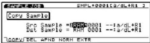 SMPL=0001[a/dL+R1] Copy Sample Src Sample =RAM 0001 --:a/dL+R1 Dst Sample = RAM 0001 --:a/dL+R1 COPY DEL APND NORM EXTR
