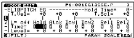 VOICE: E01 P1-001CGLASSE.P J -EL18PITCH EG ----Hold Time= T.Vel= +0 +0 +0 T.Sol= +0 L = off Hold Atok Doy1 Doy2 Rel1 Rel2 Time= 0 0 0 0 0 0 0 0 0 0 Level= +0 +0 +0 +0 +0 +0 +0 FILT) PARAM SCALE(LEG)