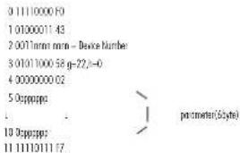 0 11110000 F0 1 01000011 43 2 0011mm mm - Device Number 3 01011000 58 g-22,-0 4 00000000 02 5 0pppps | 11 11110111 17 parameter(6byte)