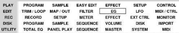 PLAY EDIT REC DISK UTILITY PROGRAM SAMPLE EASY EDIT EFFECT SETUP CONTROL TRIM / LOOP MAP / OUT FILTER EG LFO MIDI / CTRL RECORD SETUP METER EFFECT EXT CTRL MONITOR PROGRAM SAMPLE SEQUENCE VOLUME DISK IMPORT TOTAL EQ PANEL PLAY SEQUENCE MASTER SYSTEM MIDI