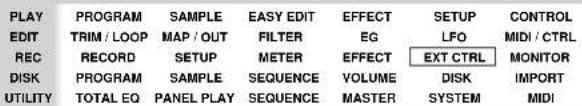 PLAY EDIT REC DISK UTILITY PROGRAM SAMPLE EASY EDIT EFFECT SETUP CONTROL TRIM / LOOP MAP / OUT FILTER EG LFO MIDI / CTRL RECORD SETUP METER EFFECT EXT CTRL MONITOR PROGRAM SAMPLE SEQUENCE VOLUME DISK IMPORT TOTAL EQ PANEL PLAY SEQUENCE MASTER SYSTEM MIDI