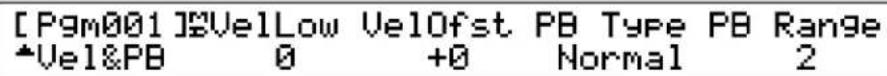 [Pgm001]#VelLow Vel0fst PB Type PB Range *Vel&PB 0 +0 Normal 2