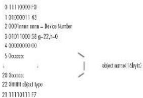 0 11110000 F8 1 01000011 43 2 0001mm mm - Device Number 3 01011000 58 g-22, z=0 4 00000000 00 5 Object 6 Object 7 Object name (object): 8 20 Object 9 22 311111 object type 10 21 1111011 F7