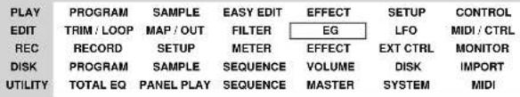 PLAY EDIT REC DISK UTILITY PROGRAM SAMPLE EASY EDIT EFFECT SETUP CONTROL TRIM / LOOP MAP / OUT FILTER EG LFO MIDI / CTRL RECORD SETUP METER EFFECT EXT CTRL MONITOR PROGRAM SAMPLE SEQUENCE VOLUME DISK IMPORT TOTAL EQ PANEL PLAY SEQUENCE MASTER SYSTEM MIDI