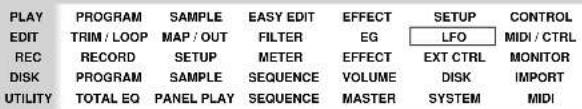 PLAY EDIT REC DISK UTILITY PROGRAM TRIM / LOOP RECORD PROGRAM TOTAL EQ SAMPLE SETUP SAMPLE PANEL PLAY EASY EDIT FILTER METER SEQUENCE EFFECT VOLUME MASTER EFFECT VOLUME SETUP LFO EXT CTRL DISK SYSTEM CONTROL MIDI / CTRL MONITOR IMPORT MIDI