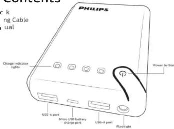 PHILIPS Charge indicator lights Power button USB-A port Micro USB battery charge port USB-A port Flashlight
