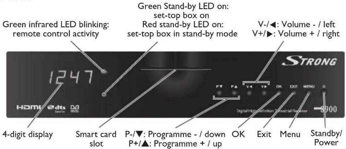 Green infrared LED blinking: remote control activity Green Stand-by LED on: set-top box on Red stand-by LED on: set-top box in stand-by mode V-/◄: Volume - / left V+/►: Volume + / right 1247 STRONG HDMI dts D3 Digital High Definition Terrestrial Receiver 8900 4-digit display Smart card slot P-/▼: Programme - / down P+/▲: Programme + / up OK Exit Menu Standby/Power