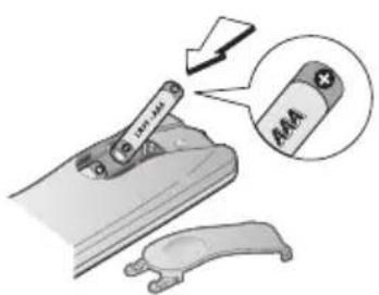 Diagram showing a battery being inserted into a clip, with an arrow indicating the process and a magnified view of the battery labeled 'AAA'.
