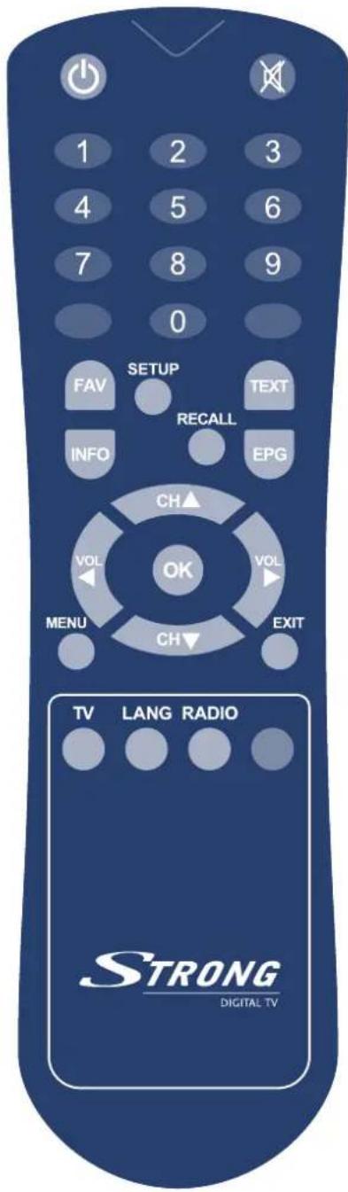 1 2 3 4 5 6 7 8 9 0 FAV SETUP TEXT INFO RECALL EPG CH▲ VOL OK VOL MENU CH▼ EXIT TV LANG RADIO STRONG DIGITAL TV