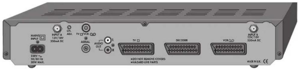 MAINS INPUT 236V~ 50/60 Hz 30W MAX. INPUT A 13V/18V 350mA DC CH. ADJ. TV VCR AERIAL AUDIO OUT L R TV □ DECOBER VCR □ INPUT S 13V/16V 330mA DC ● DO NOT REMOVE COVERS ● HAZARD-LIVE PARTS MADE INUX. CE