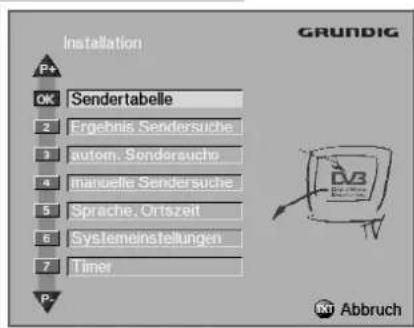 Installation GRUNDIG P+ OK Sendertabelle 2 Ergebnis Sendersuche 3 autom. Sondorsuche 4 manuelle Sendersuche 5 Sprache, Ortszeit 6 Systemeinstellungen 7 Timer P- Abbruch