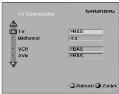 AV Schnittstellen GRUNDIG OK TV FBAS Bildformat 4:3 VCR FBAS AVin FBAS Abbruch Zurück