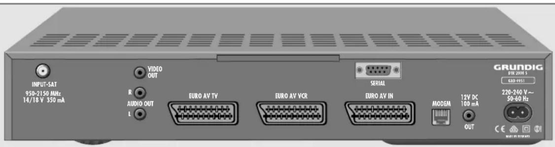 INPUT-SAT 950-2150 MHz 14/18 V 350 mA R AUDIO OUT L VIDEO OUT EURO AV TV EURO AV VCR SERIAL EURO AV IN MODEL 12V DC 100 mA OUT GRUNDIG DUR 2016 S CAD 4951 220-240 V~ 50-60 Hz CE MAG (100 MHz)