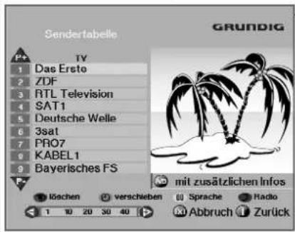 Sendertabelle GRUNDIG TV Das Erste ZDF RTL Television SAT1 Deutsche Welle 3sat PRO7 KABEL1 Bayerisches FS mit zusätzlichen Infos Löchen verschieben Sprache Radio Abbruch Zurück