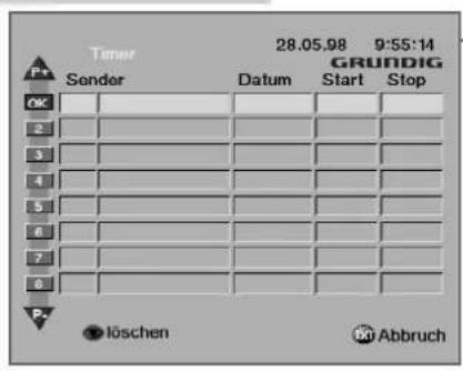 Timer 28.05.98 9:55:14 GRUNDIG Sender Datum Start Stop OK 2 3 4 5 6 7 8 P. löschen Abbruch