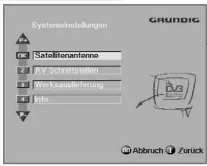 Systemsinstellungen GRÜNDIG P4 OK Satellitenantenne 2 AV Schnittstellen 3 Werksauslieferung 4 Info P5 Abbruch Zurück