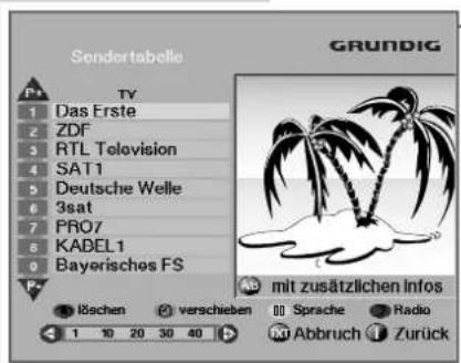 Sondortabelle GRUNDIG TV Das Erste ZDF RTL Television SAT1 Deutsche Welle 3sat PRO7 KABEL1 Bayerisches FS mit zusätzlichen Infos löschen verschieben 00 Sprache Radio 1 10 20 30 40 50 Abbruch Zurück
