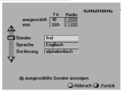 ausgewählt von TV Radio 10 2 285 81 GRUNDIG OK Sender froi Sprache Englisch Sortierung alphabetisch © ausgewählte Sender anzeigen Abbruch Zurück