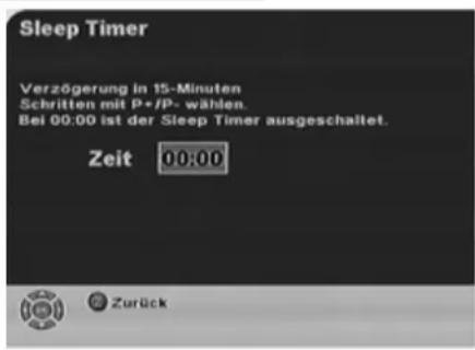 Sleep Timer Verzögerung in 15-Minuten Schritten mit P-/P- wählen. Bei 00:00 ist der Sleep Timer ausgeschaltet. Zeit 00:00 Zurück